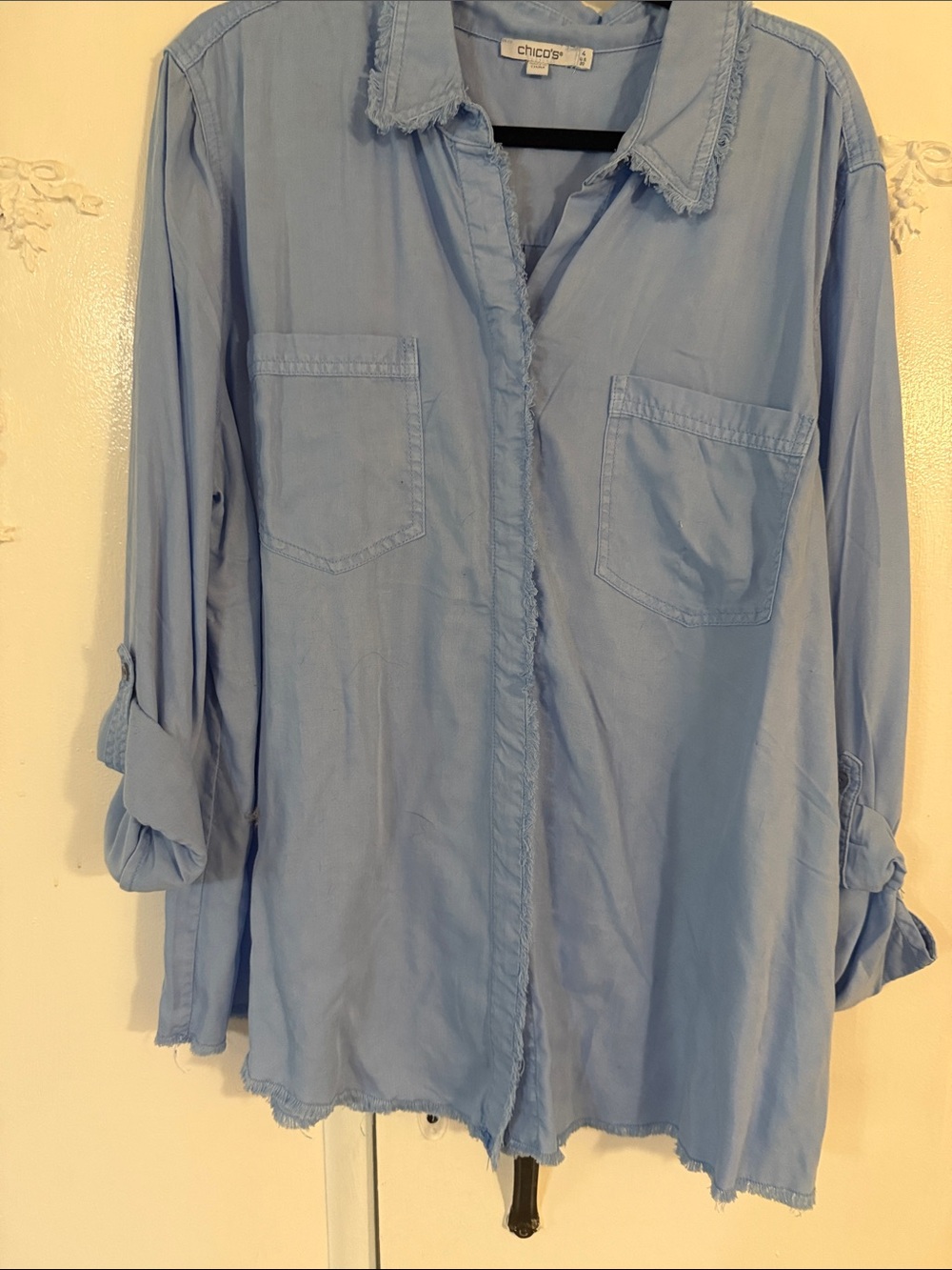 Chico's Light Blue Raw-Edge Button-Down Denim Shirt